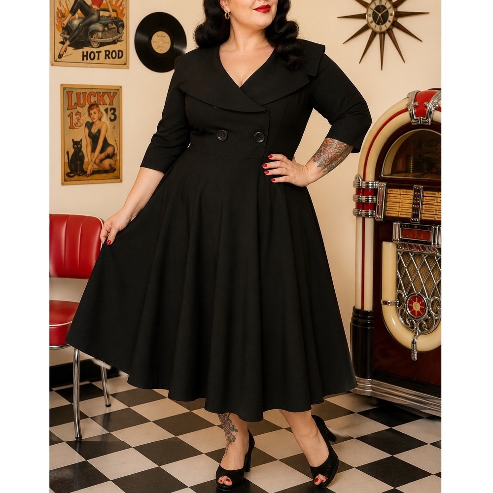 BETTIE PAGE Retro Pinup Vintage Style Portrait Collar Swing Midi Dress